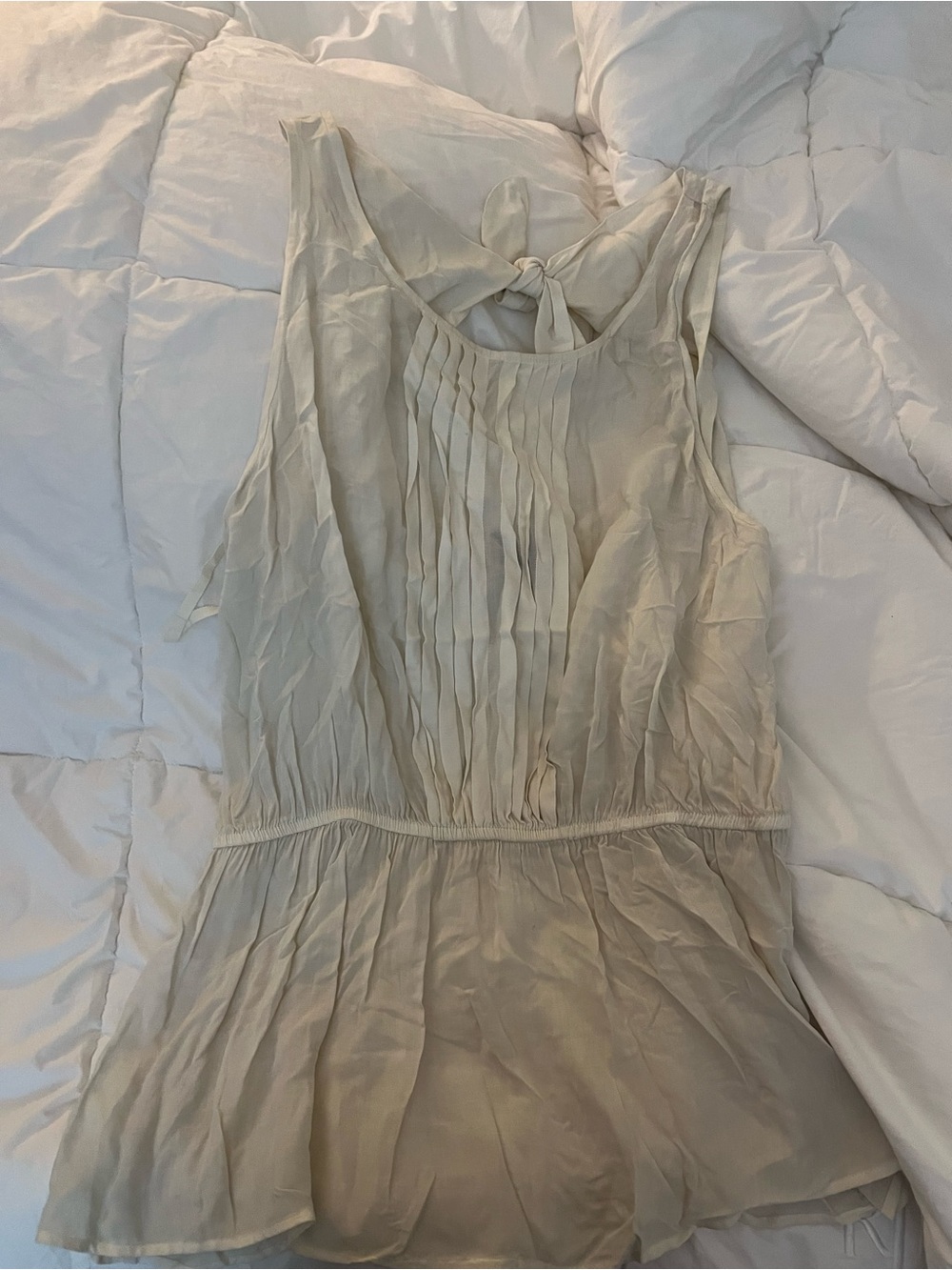 Light Cream Sleeveless Pleated Tank Top with Tie-Back